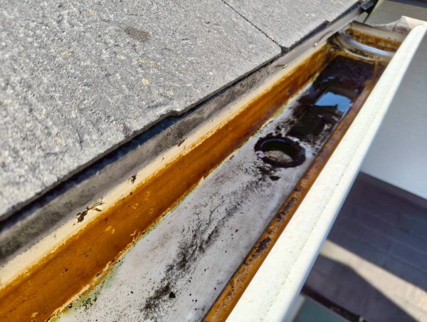 軒樋清掃後　泥を取り除いて雨水が流れた状態